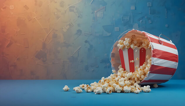 Spilled Popcorn in Red and White Striped Bucket on Blue Surface