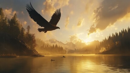 Majestic eagle soaring over serene mountain lake at golden sunrise