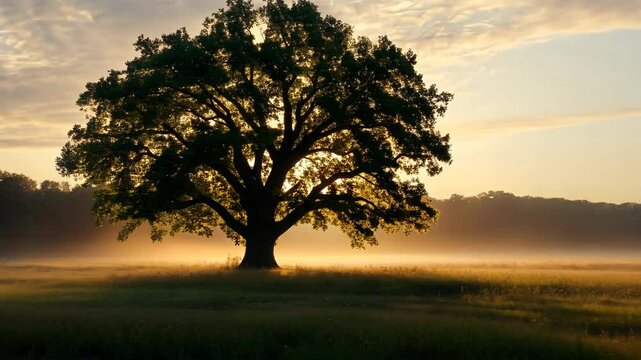 Majestic oak tree stands alone in a misty field at sunrise surrounded by soft light and golden fog