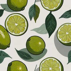 Abstract colourful vibrant textile pattern. Fresh ripe bright limes with leaves wallpaper. Art decorative modern painting, simple drawing background for wrapping. Flat colour art.
