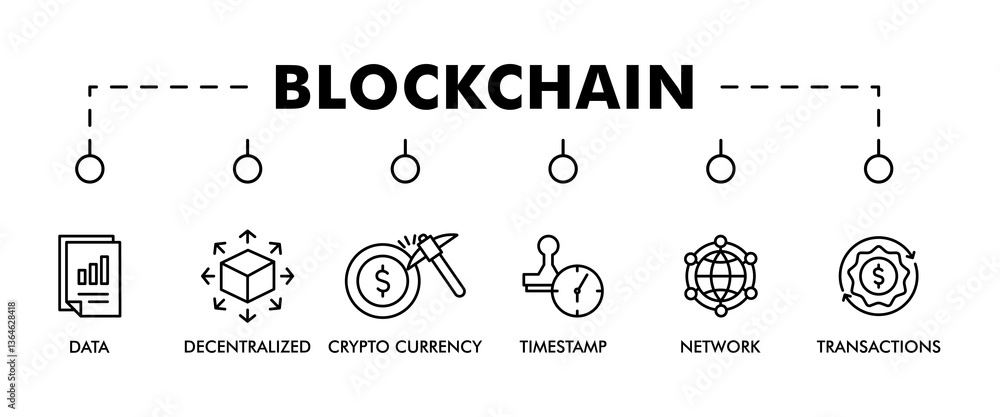 Poster blockchain banner web icon vector illustration concept with icon of data, decentralized, crypto curr