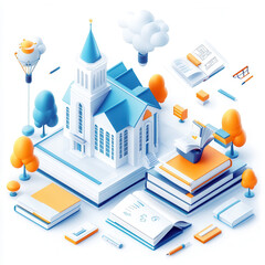 Fototapeta premium vibrant isometric illustration of school building surrounded by floating books, stationery, and digital learning elements