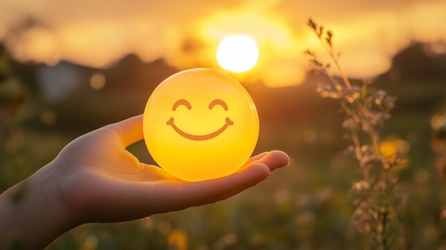 A hand holds a smiling stress ball against a sunset, symbolizing mindfulness and stress relief.