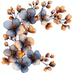 Watercolor Painting of Blue and Orange Flowers, Floral Corner Border Design