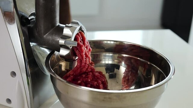 Meat grinder mincer closeup process, fresh raw pork beef minced meat homemade.Grinding.Mincing.
