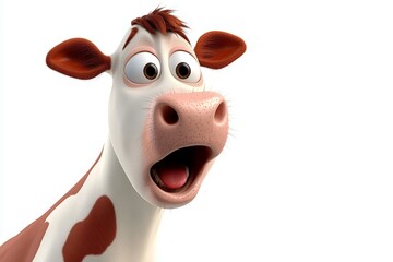 Surprised cartoon cow with expressive features in a playful setting