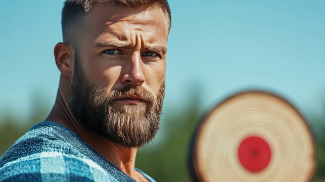 Elegant Bearded man mid throw with axe flying toward wooden target intense focus and rustic sport vibe axe throwing action 