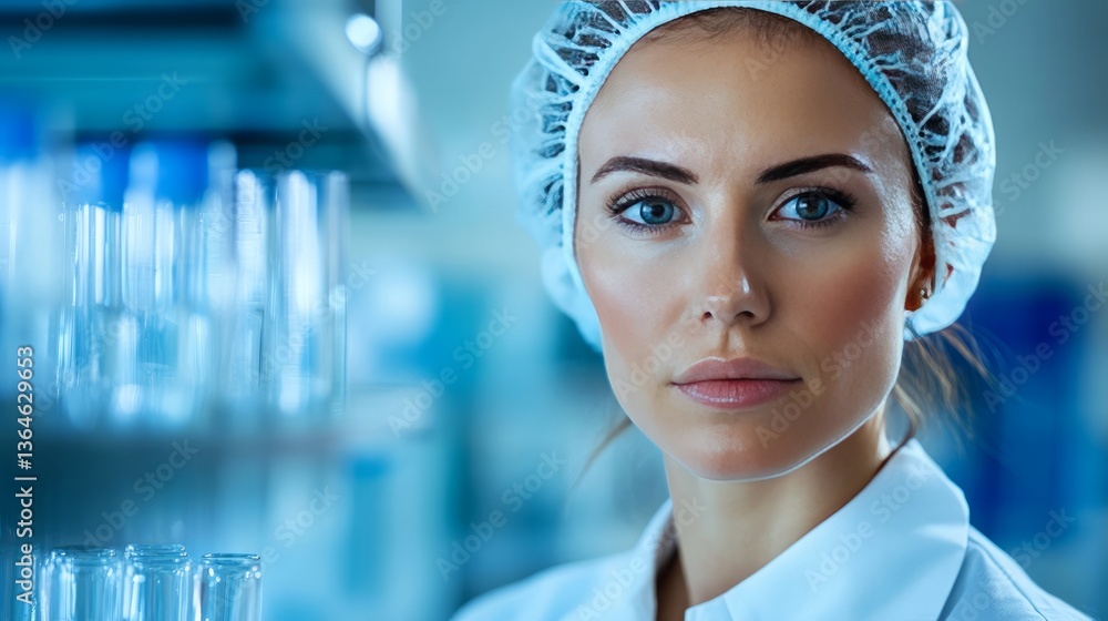 Poster elegant biologist examining shark dna sample in lab shark protection through science and data