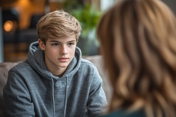 Young boy listens intently to a conversation in a cozy indoor setting during afternoon hours