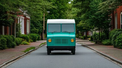 Fototapeta premium Elegant Empty street with ice cream truck turning the corner nostalgic stillness and anticipation of joy 