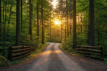 Fototapeta premium Sunrise over a winding forest path illuminated by morning light in a tranquil woodland setting