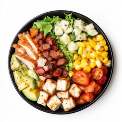 Balanced Meal Bowl with Chicken, Avocado, and Vegetables Isolated on a White Background