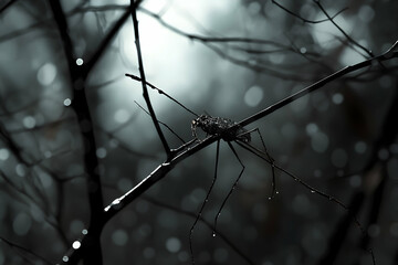 A close-up encounter with a Harvestman spider amidst nature's intricate architecture on a rainy day