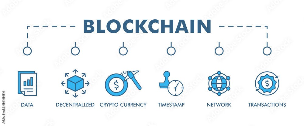 Poster blockchain banner web icon vector illustration concept with icon of data, decentralized, crypto curr