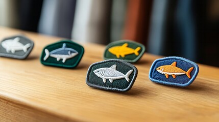 Elegant Shark conservation badges and eco gear displayed on table at volunteer meet up grassroots activism and protection 