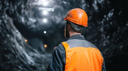 Miner in dark tunnel, looking ahead