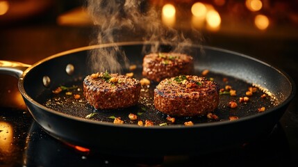 Three sizzling plant-based patties cooking in a dark skillet releasing aromatic steam with a blurred warm light background setting the scene perfectly