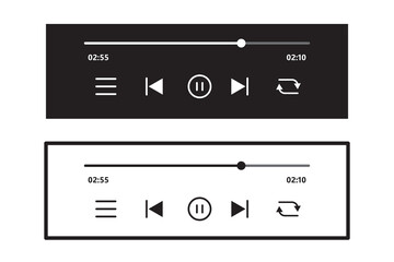 Music players for melodies, sounds, ringtones and more. Minimalist music player interface with playback controls, progress bar, and favorite button in black and white, simple digital audio UI