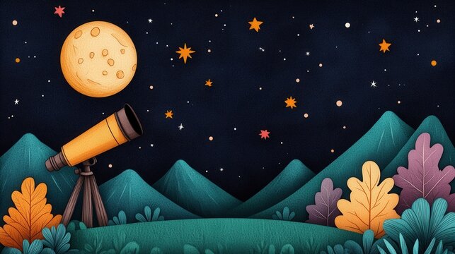 Bright moon and twinkling stars viewed through a telescope in a colorful cartoon landscape at night. Spring Astronomy Day