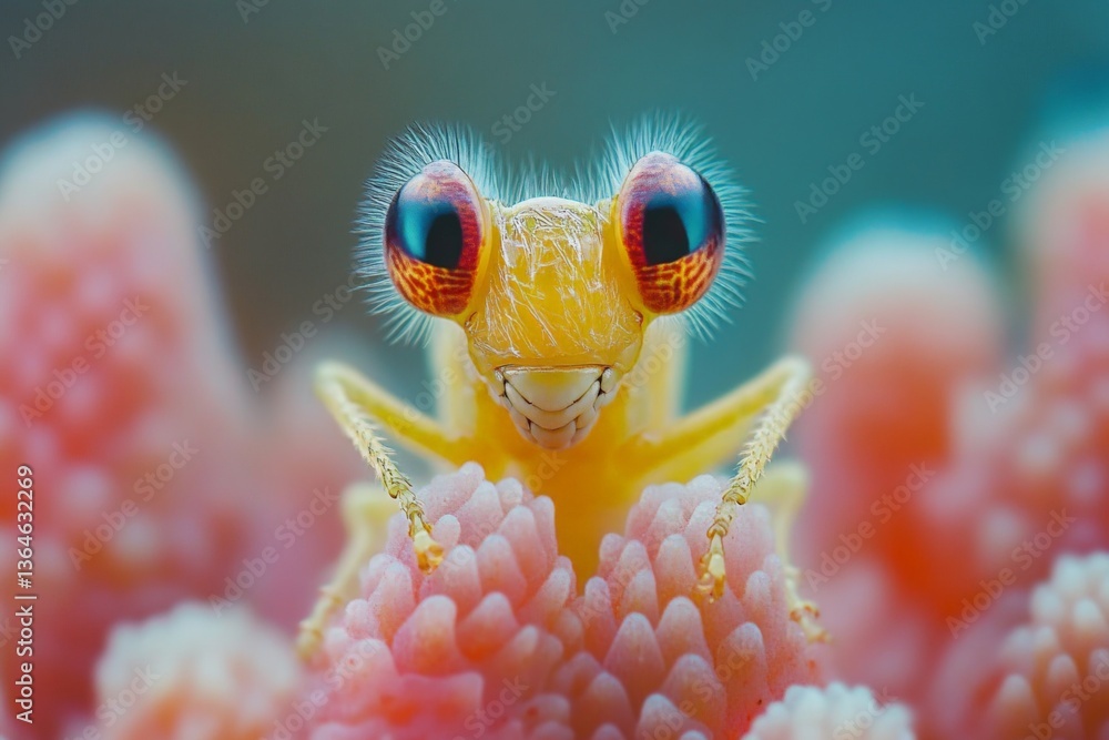 Poster unique close-up of a bright yellow shrimp with large colorful eyes on coral reef during daylight in 