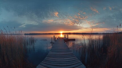 Obraz premium Serene sunset over a tranquil lake with a wooden pier