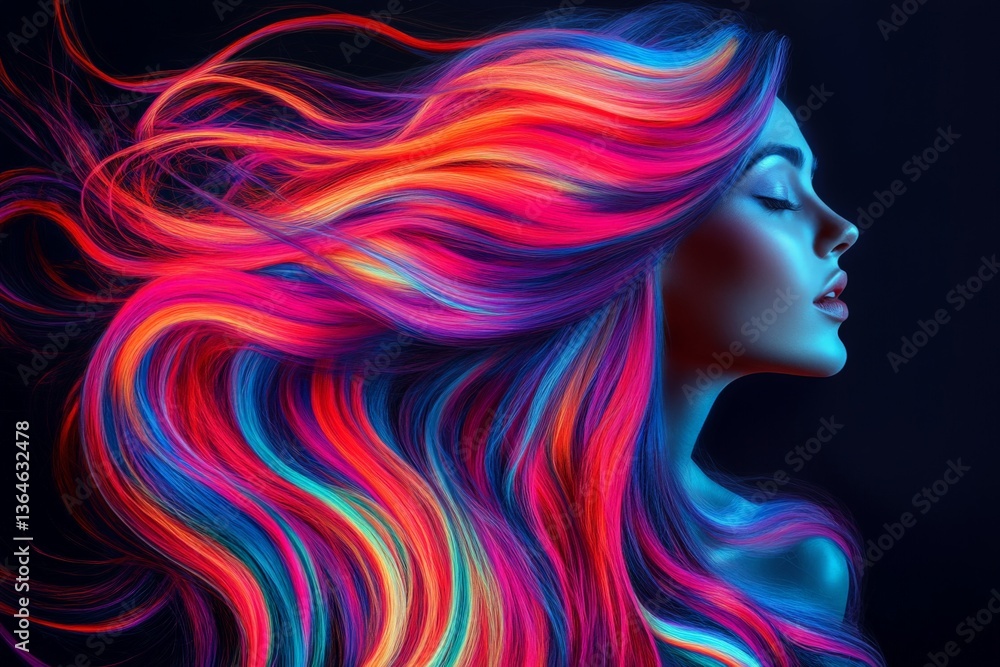 Aufkleber vibrant display of colorful hair flowing in a side profile against a dark background