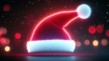Glowing neon Santa hat icon in red and white with illuminated pom-pom on dark background


