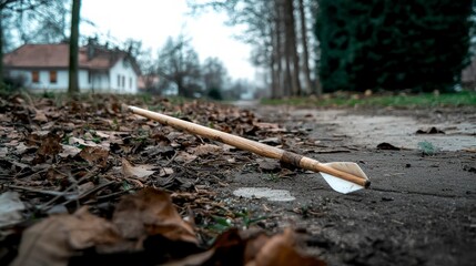 Obraz premium Wooden Arrow on Forest Path Autumn Leaves Nature Scene Archery