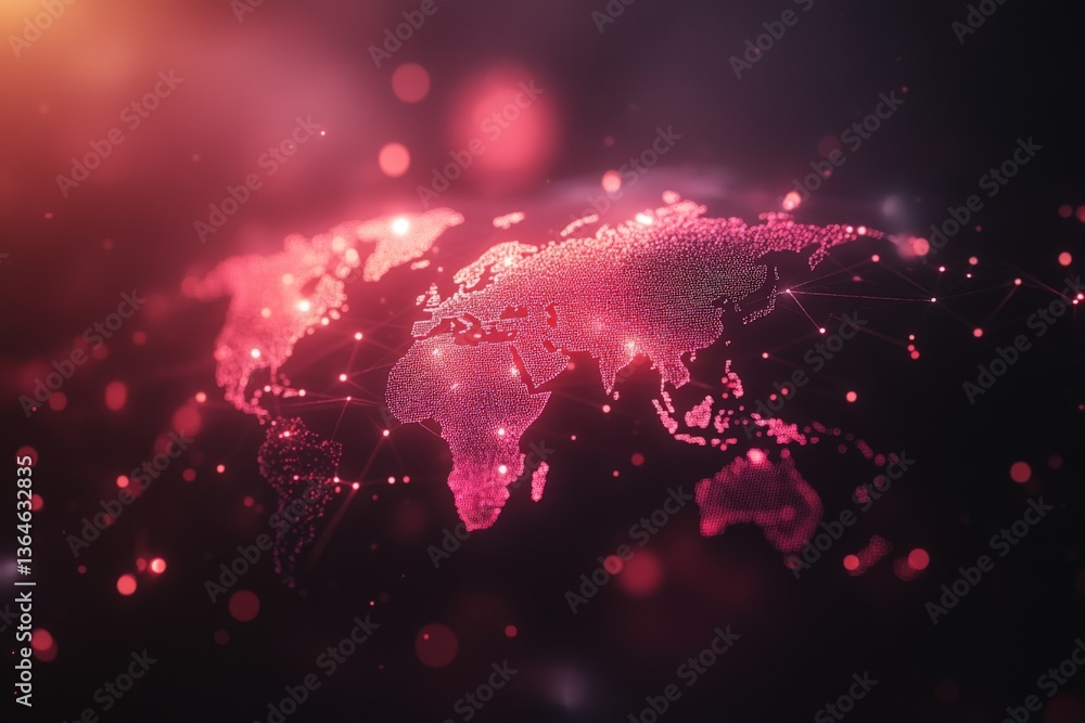 Poster Digital world map representation highlighting connections in red tones