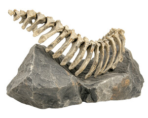 large fossilized dinosaur rib cage partially embedded in rocks, showcasing intricate details of bones. This ancient relic evokes sense of wonder about prehistoric life