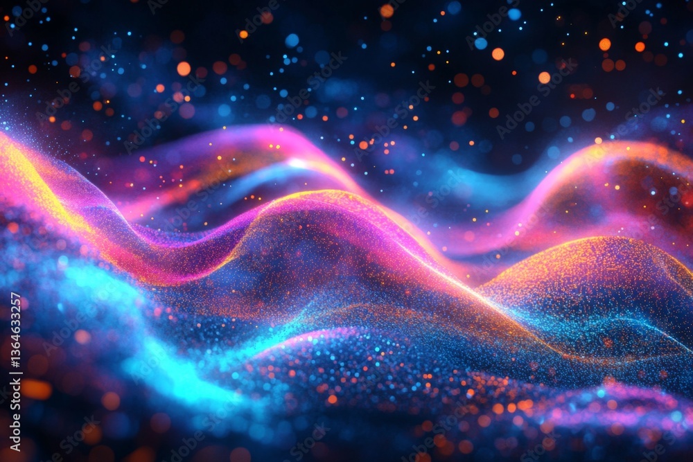 Poster vibrant abstract waves of color creating a visual sensation with luminous particles in a dark space