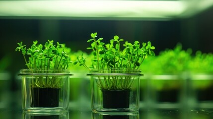 Small plants grow in clear glass containers