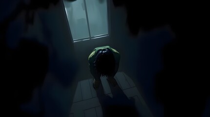 High angle perspective, intense jet black, epic complementary colors, misty atmosphere. Rough, dynamic digital sketch with loose painterly strokes, strong hard light. Dimly lit room, dark muted colors