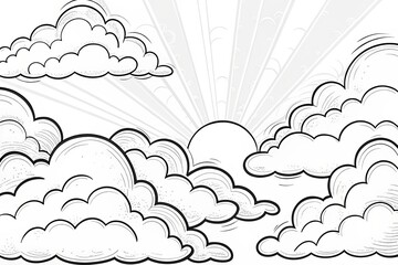 Fototapeta premium summer theme, Sunrise breaking through clouds, radiating light in a whimsical illustration. Outline for coloring.