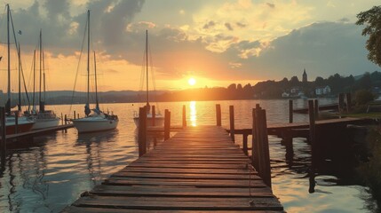 Fototapeta premium Peaceful sunset over a lake with boats and a wooden pier