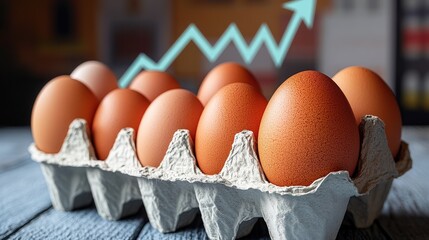 Fresh brown eggs in a carton with a rising trend chart background indicating market growth and demand. National Egg Month