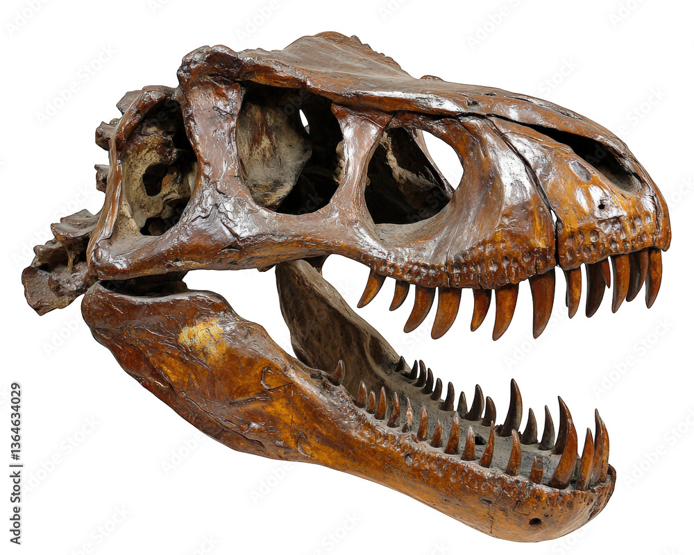Poster massive t rex skull fossil with sharp teeth and aged texture, showcasing impressive features of this