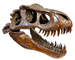 massive T Rex skull fossil with sharp teeth and aged texture, showcasing impressive features of this prehistoric predator. intricate details evoke sense of awe and fascination