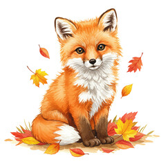 Autumnal Fox: A charming, illustrated fox nestled among colorful autumn leaves, capturing the essence of fall in a delightful and whimsical way.