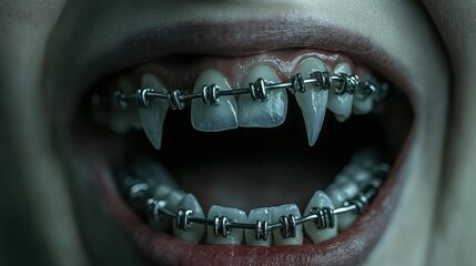 Vampire with braces showing sharp fangs and smiling in an eerie setting at night. Halloween