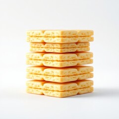 Stack of golden cheese crackers on white background in minimal composition