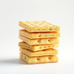 Stack of golden cheese crackers on white background in minimal composition