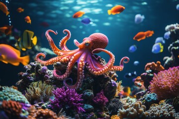 Obraz premium Brightly colored octopus exploring a vibrant coral reef with various tropical fish in a lively underwater ecosystem