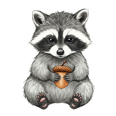 Adorable Raccoon with Acorn: An endearing illustration of a fluffy raccoon clutching an acorn, creating a charming scene full of natural beauty and woodland wonder.