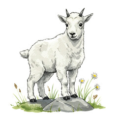Majestic Mountain Goat on Rock: An adorable mountain goat poses regally atop a stone, with a field of flora around it. An illustration that bring joy and interest.