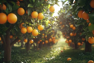 Lush orange grove under the warm sun showcasing ripe fruit in a tranquil orchard setting