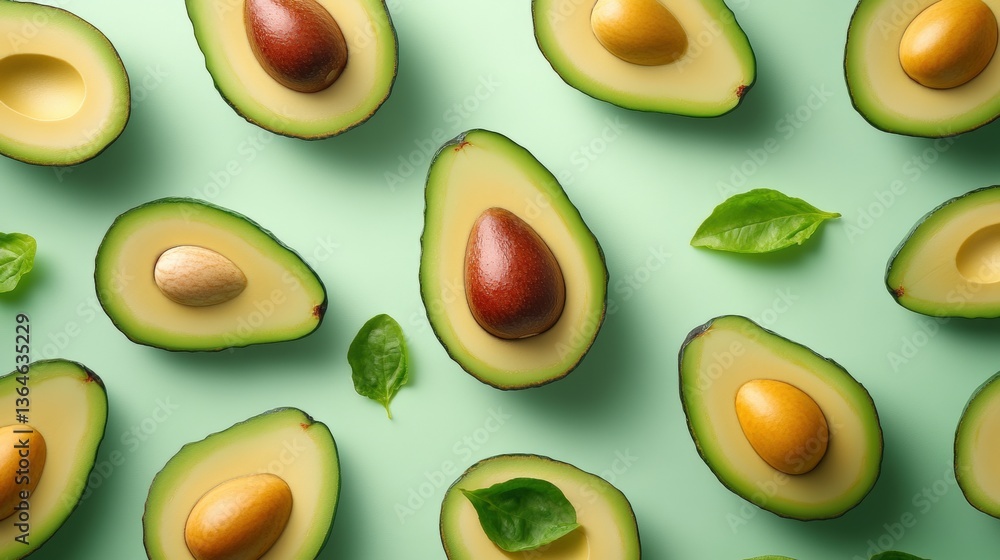 Poster overhead flat lay of numerous vibrant avocado halves artfully arranged on a soft pale green backgrou