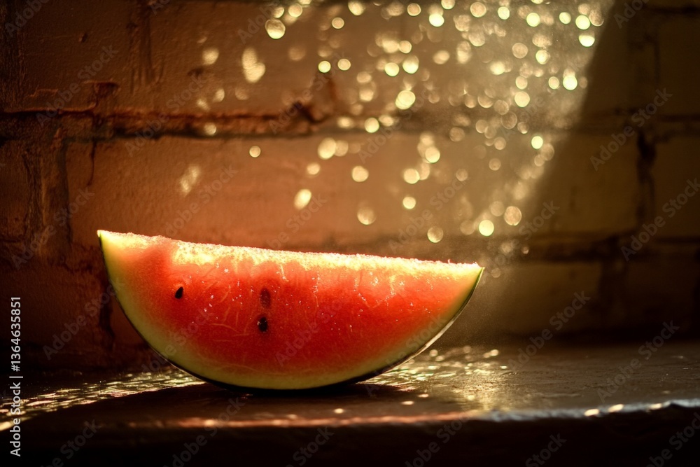 Poster fresh watermelon slice glistens in sunlight with droplets on a rustic surface