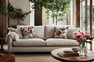Naklejka premium Comfortable cream sofa with floral cushions in a bright living room.
