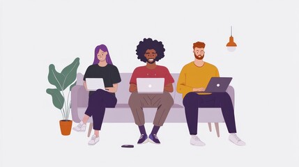 Diverse Team Working on Laptops on Sofa